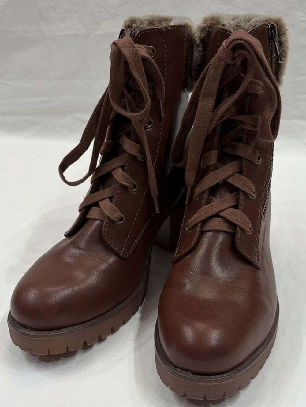 MIA Women's Chaz Faux Fur Trim Lace-Up Lug Sole Booties Size 11